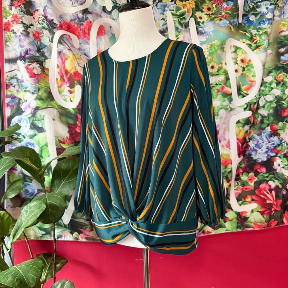 Adrianna Papell Emerald and Mustard Striped Blouse - EUC